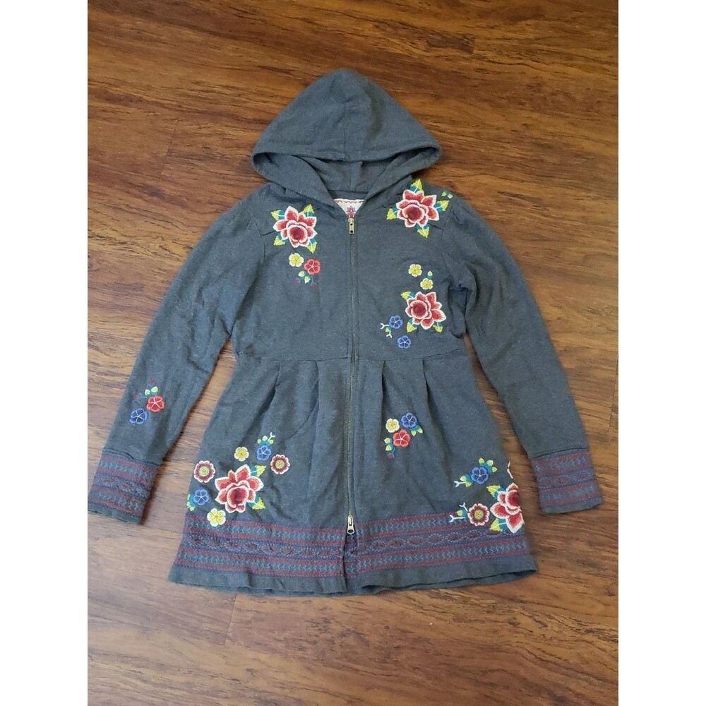 Johnny Was Floral Embroidered Gray Hooded Size Small Feminine Boho Retro Y2K
